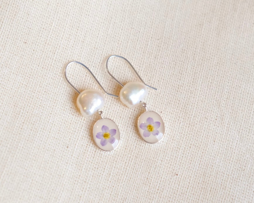 Vintage Freshwater Pearl & Forget-me-not 925 Silver earrings