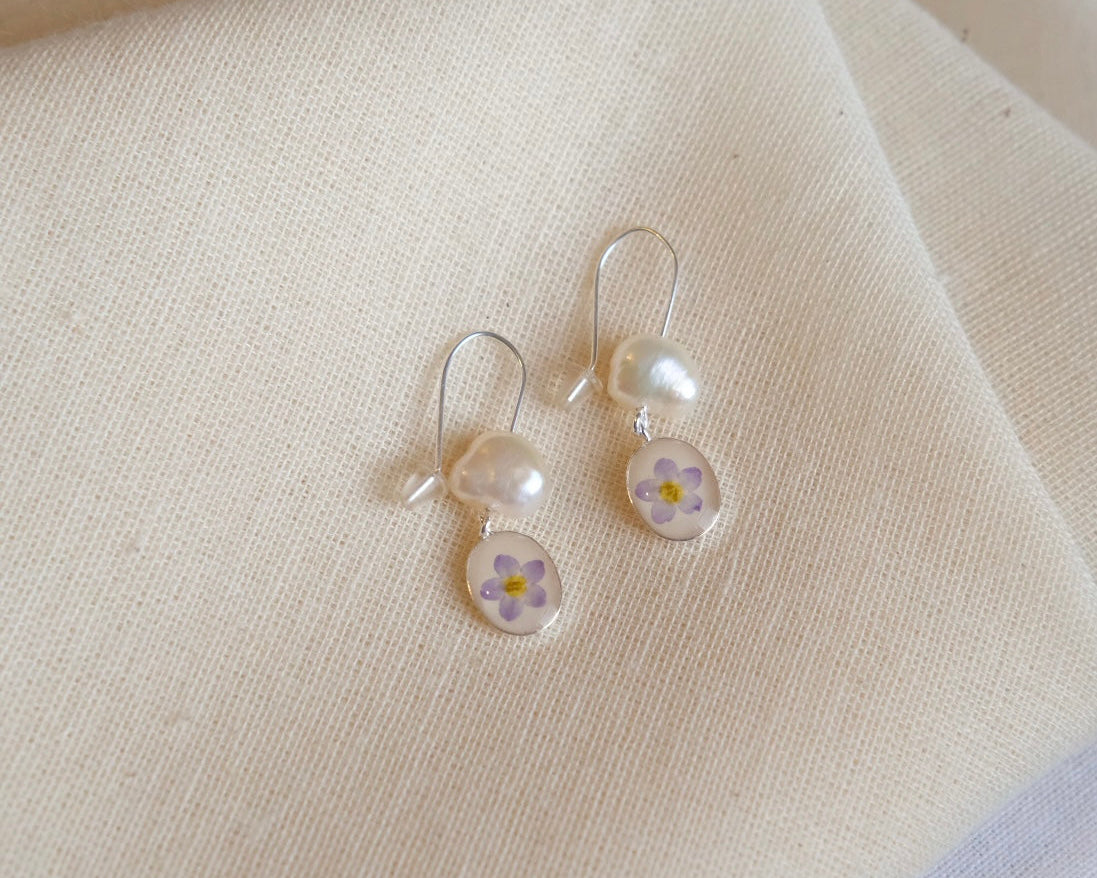 Vintage Freshwater Pearl & Forget-me-not 925 Silver earrings