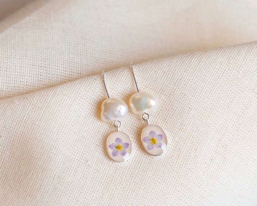 Vintage Freshwater Pearl & Forget-me-not 925 Silver earrings