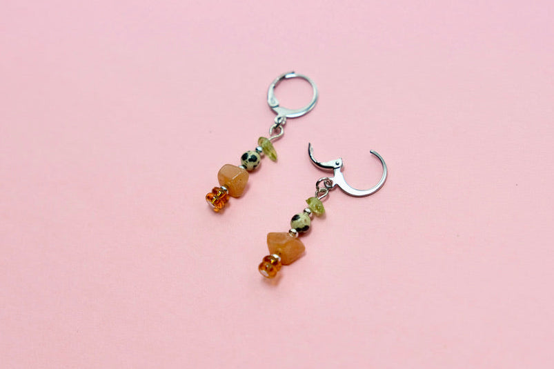 steel natural stone huggie hoops
